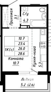 1-к квартира, строящийся дом, 26м2, 10/10 этаж