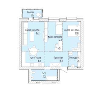 3-к квартира, строящийся дом, 71м2, 6/8 этаж