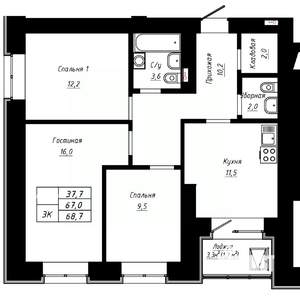 3-к квартира, строящийся дом, 69м2, 12/16 этаж