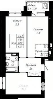 3-к квартира, строящийся дом, 61м2, 15/16 этаж