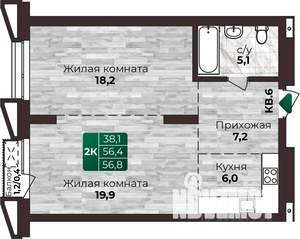 2-к квартира, строящийся дом, 57м2, 19/22 этаж