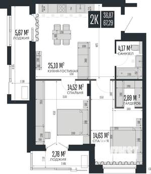 2-к квартира, строящийся дом, 67м2, 9/15 этаж