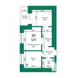 2-к квартира, строящийся дом, 47м2, 8/10 этаж