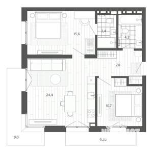 3-к квартира, строящийся дом, 80м2, 6/9 этаж