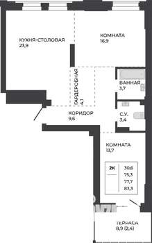 2-к квартира, строящийся дом, 78м2, 1/21 этаж