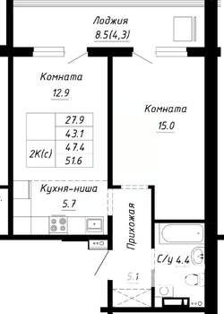 2-к квартира, строящийся дом, 47м2, 9/10 этаж