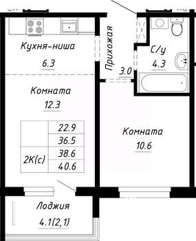 2-к квартира, строящийся дом, 39м2, 5/10 этаж