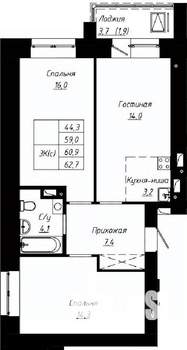3-к квартира, строящийся дом, 61м2, 15/16 этаж