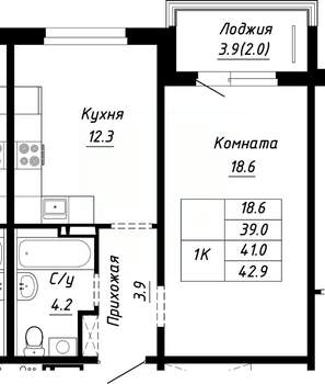 1-к квартира, строящийся дом, 41м2, 9/10 этаж
