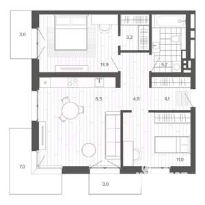3-к квартира, строящийся дом, 78м2, 6/9 этаж