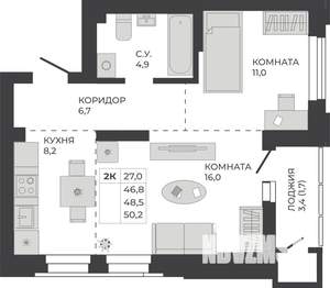 2-к квартира, строящийся дом, 49м2, 3/21 этаж