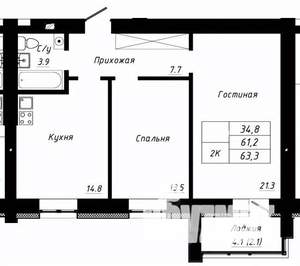 2-к квартира, вторичка, 63м2, 2/10 этаж