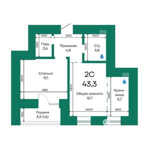 2-к квартира, строящийся дом, 43м2, 8/10 этаж