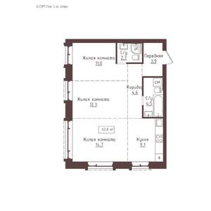 3-к квартира, строящийся дом, 63м2, 3/23 этаж
