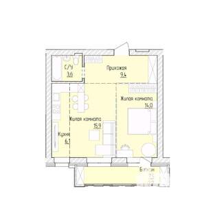 2-к квартира, строящийся дом, 51м2, 6/8 этаж