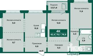 4-к квартира, строящийся дом, 77м2, 17/17 этаж
