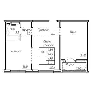 2-к квартира, строящийся дом, 50м2, 13/17 этаж
