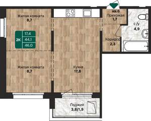 2-к квартира, строящийся дом, 46м2, 4/12 этаж