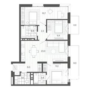4-к квартира, строящийся дом, 93м2, 8/9 этаж