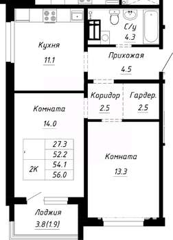 2-к квартира, строящийся дом, 54м2, 6/10 этаж