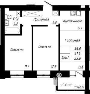 3-к квартира, строящийся дом, 54м2, 1/10 этаж