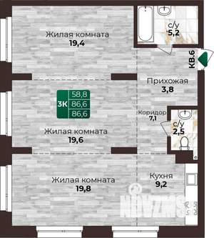 3-к квартира, строящийся дом, 87м2, 1/22 этаж
