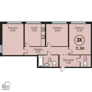 3-к квартира, строящийся дом, 72м2, 18/23 этаж