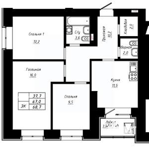 3-к квартира, строящийся дом, 69м2, 9/16 этаж