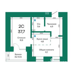 2-к квартира, строящийся дом, 38м2, 6/10 этаж