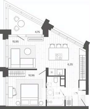 1-к квартира, строящийся дом, 45м2, 5/19 этаж