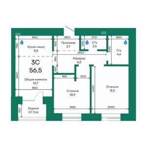3-к квартира, строящийся дом, 57м2, 10/10 этаж