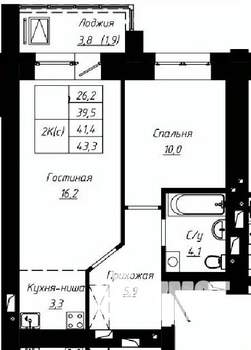 2-к квартира, строящийся дом, 41м2, 12/16 этаж