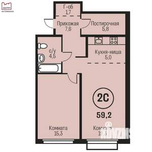 2-к квартира, строящийся дом, 59м2, 8/22 этаж