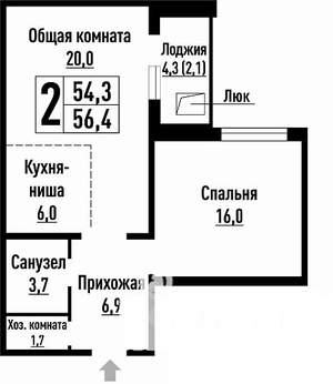 2-к квартира, строящийся дом, 56м2, 12/16 этаж