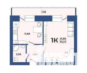 1-к квартира, строящийся дом, 44м2, 3/9 этаж