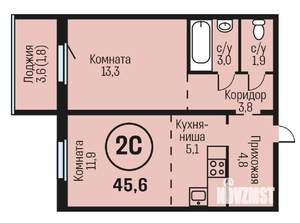 2-к квартира, вторичка, 46м2, 15/20 этаж