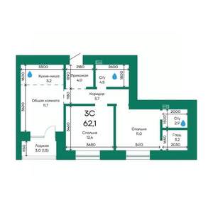 3-к квартира, строящийся дом, 62м2, 5/10 этаж