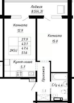 2-к квартира, строящийся дом, 47м2, 2/10 этаж