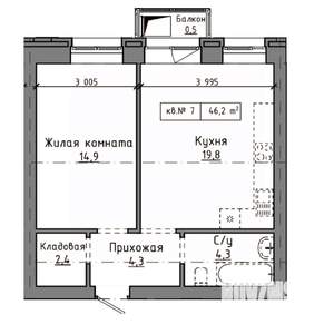 1-к квартира, строящийся дом, 46м2, 5/9 этаж