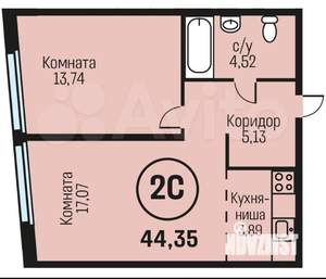 2-к квартира, вторичка, 44м2, 17/24 этаж