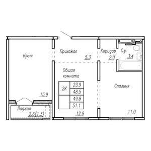 2-к квартира, строящийся дом, 50м2, 13/17 этаж