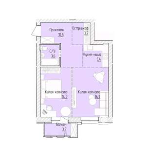 2-к квартира, строящийся дом, 55м2, 3/8 этаж