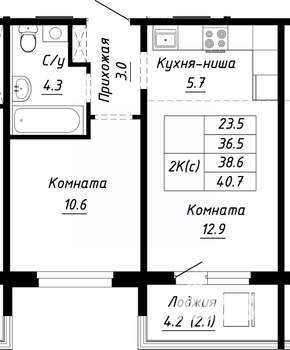 2-к квартира, строящийся дом, 39м2, 1/10 этаж