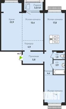 3-к квартира, строящийся дом, 90м2, 2/10 этаж