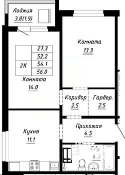 2-к квартира, строящийся дом, 54м2, 7/10 этаж
