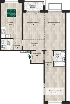 3-к квартира, строящийся дом, 88м2, 1/17 этаж