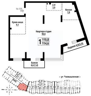 1-к квартира, строящийся дом, 114м2, 19/23 этаж