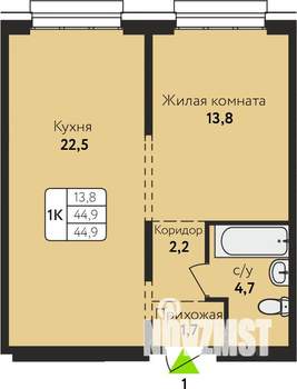 1-к квартира, строящийся дом, 45м2, 2/17 этаж