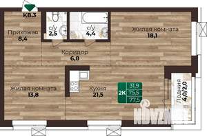 2-к квартира, строящийся дом, 78м2, 16/22 этаж
