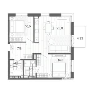 3-к квартира, строящийся дом, 70м2, 8/9 этаж